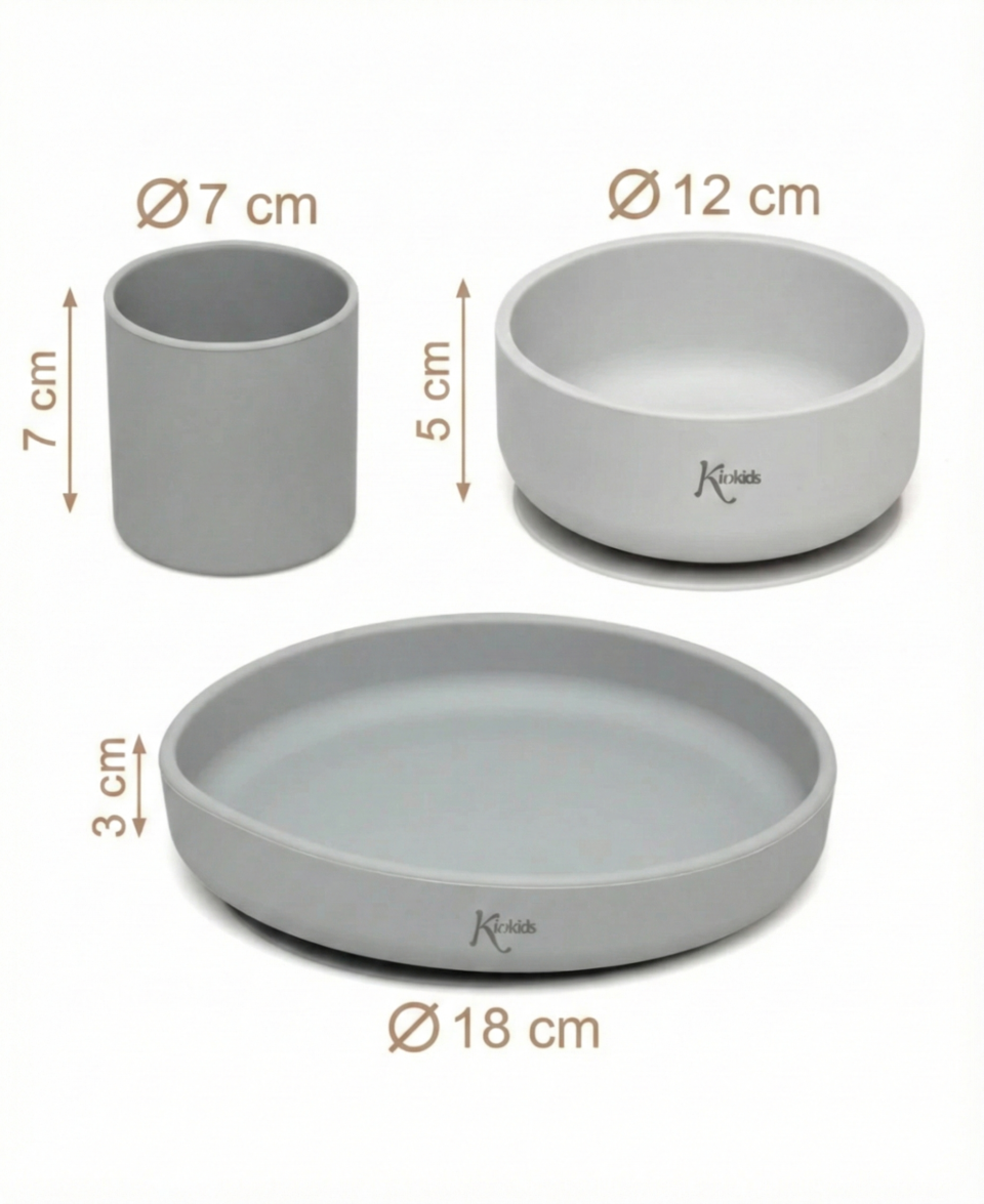 3-delni silikonski jedilni set Nordic Grey – dimenzije krožnika 18 cm, sklede 12 cm in lončka 7 cm
