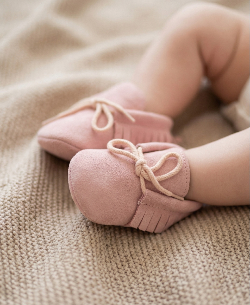 Dojenček ima obute otroške copatke mokasinke Rose na mehki odeji