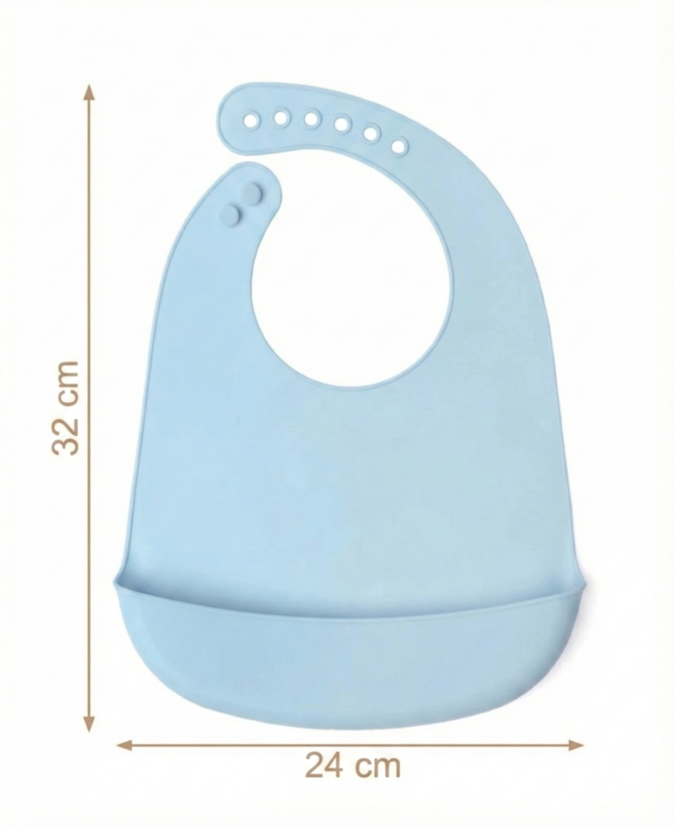 Dimenzije silikonskega slinčka Soft Blue – 32 cm višina in 24 cm širina